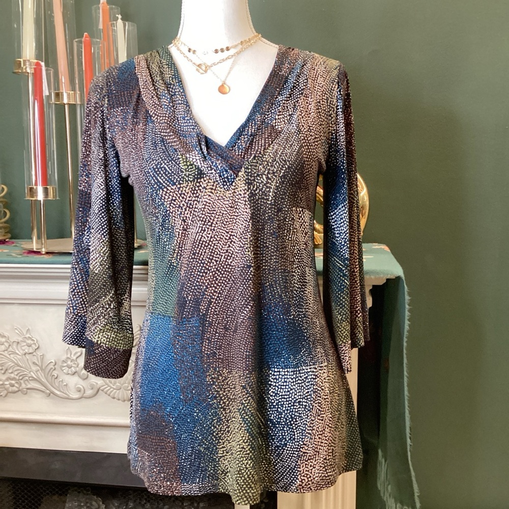 Papillon Blanc Blue‎ and Brown Patterned Blouse